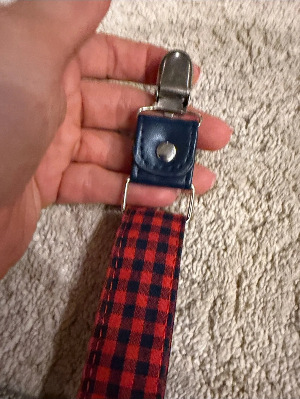 Red and Black Plaid Suspenders with Navy Leather Trim